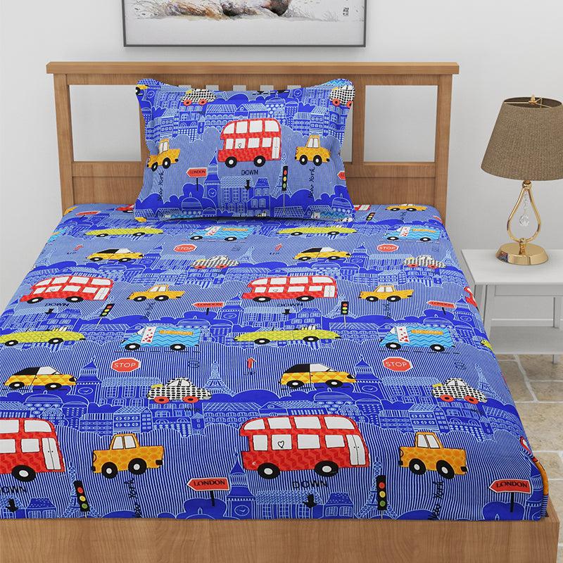 Way To School Kids Fitted Microfiber Bedsheet (Blue) - 130 GSM media 3