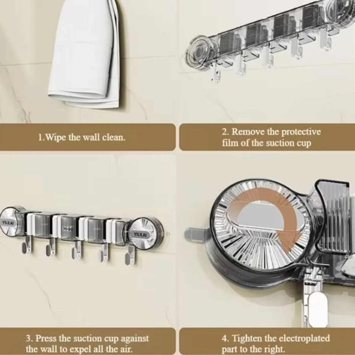 Four-step view of the transparent wall organiser mounted on a tiled wall