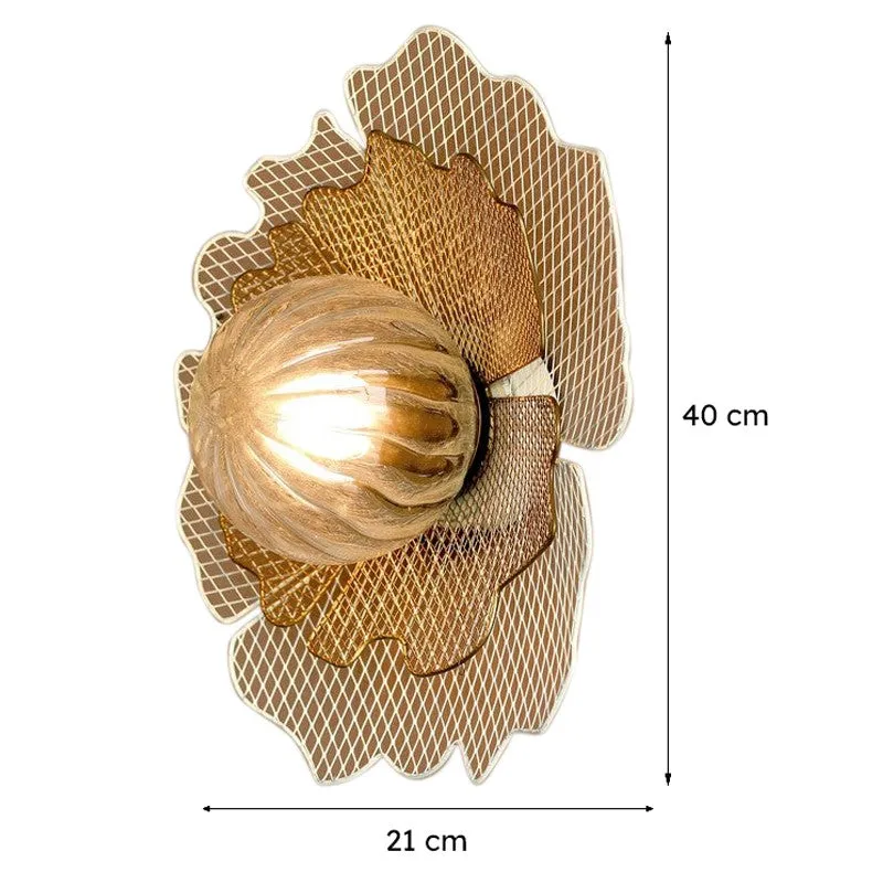 Gold and white floral wall lamp shown with size markers