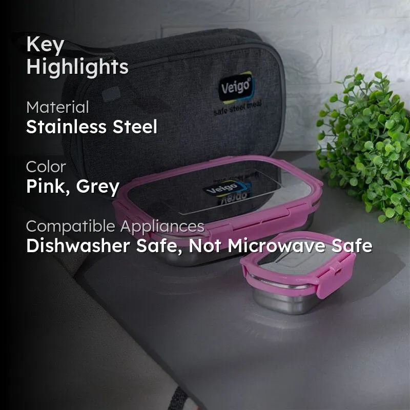 Delico Pack Pink Lunch Box With Insulated Pouch (775 mL /150 mL) - Three Piece Set media 2