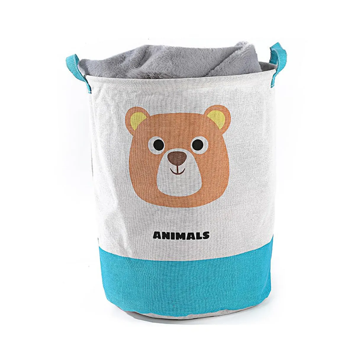 Bear-print laundry basket holding folded fabric, with a blue base and handles