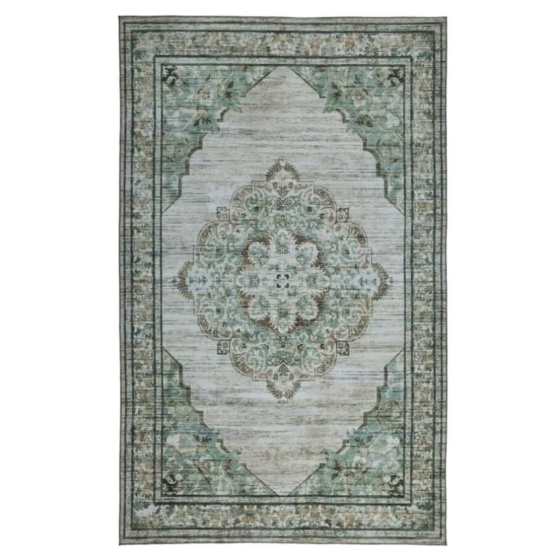 Evina Ethnic Anti Slip Carpet - Beige & Green media 1