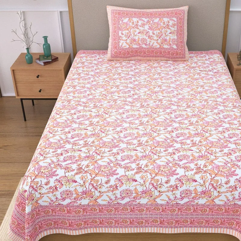 Silkena Floral Cotton Bedsheet (Orange & White) - 240 TC media 4