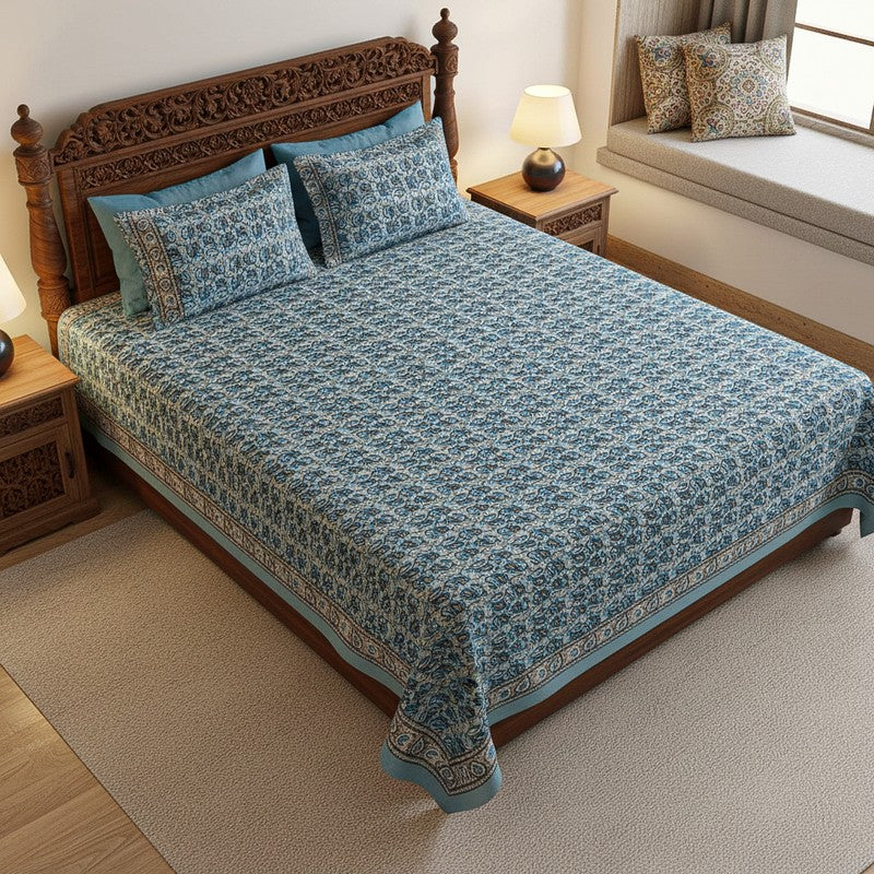 Timeless Motifs Cotton Bedsheet (Blue) - 180 TC - Queen/Double