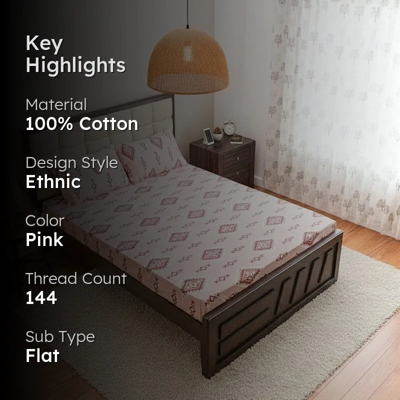 Lisha Ethnic Cotton Bedsheet (Pink) - 144 TC media 2