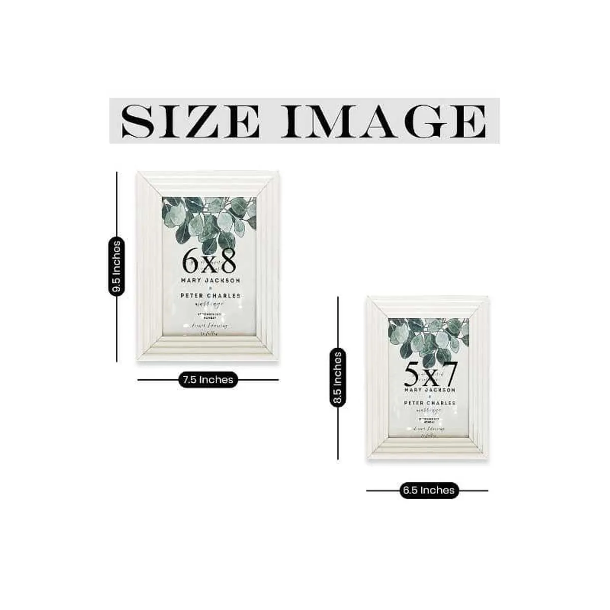 Two white rectangular photo frames shown with their large and small sizes.