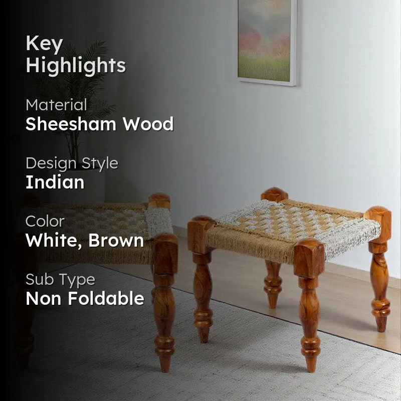 Hyrox Sheesham Wooden Stools (White,Brown) - Set Of Two media 2