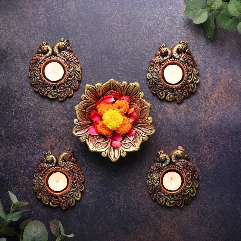 Couple Peacock Tea Light Holder - Set Of Four
