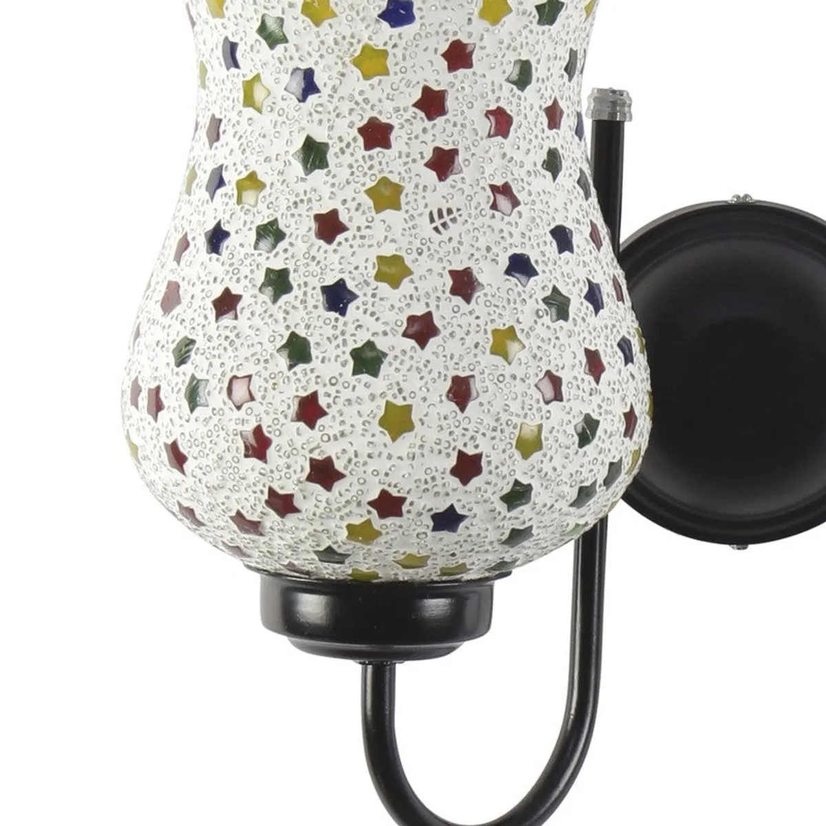 Close-up of mosaic glass shade on black iron wall lamp