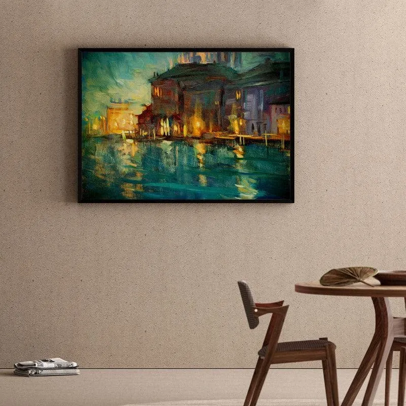 Venice Wonder Night Landscape Canvas Wall Painting - Black Frame media 1
