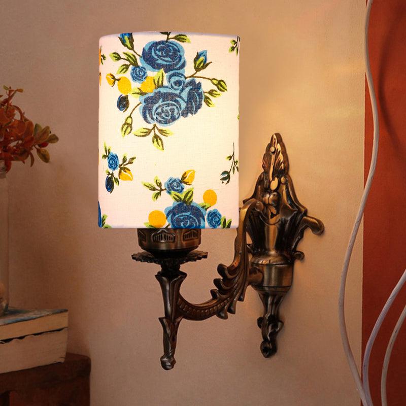Vista Edrel Blue Fleur Cylindrical Fabric & Metal Wall Lamp