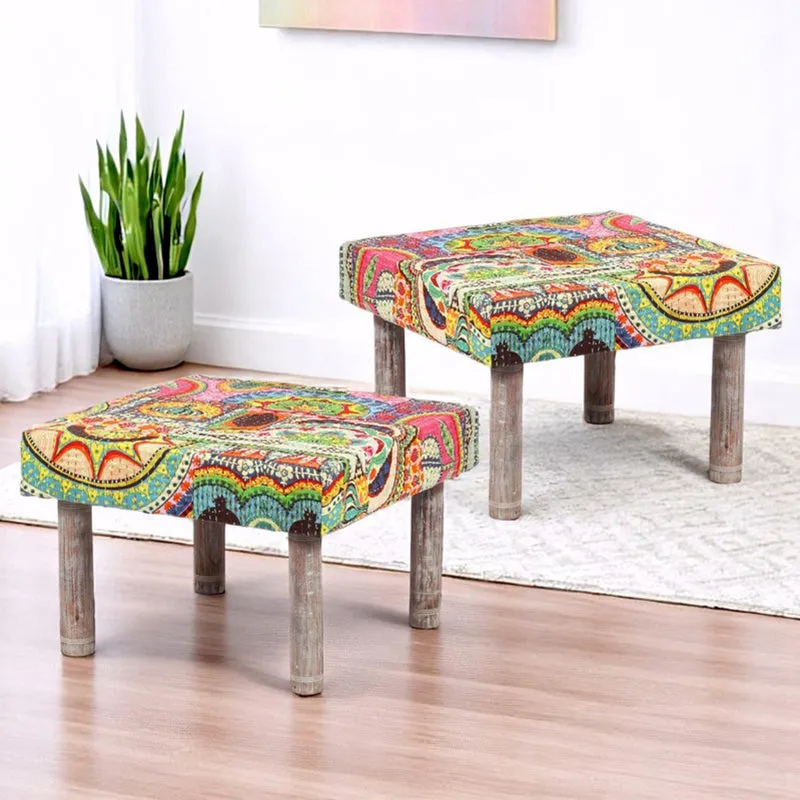 Gryxo Acacia Wooden Stools (Multicolor) - Set Of Two media 1