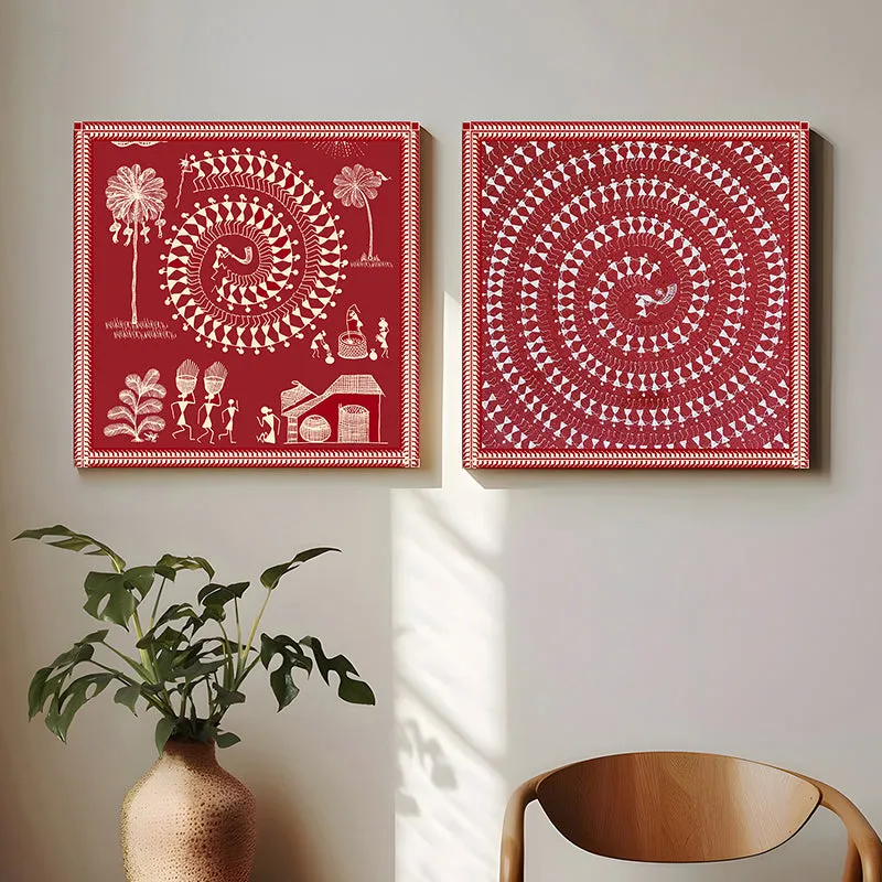 Warli Motif II Canvas Wall Art - Set Of Two media 4