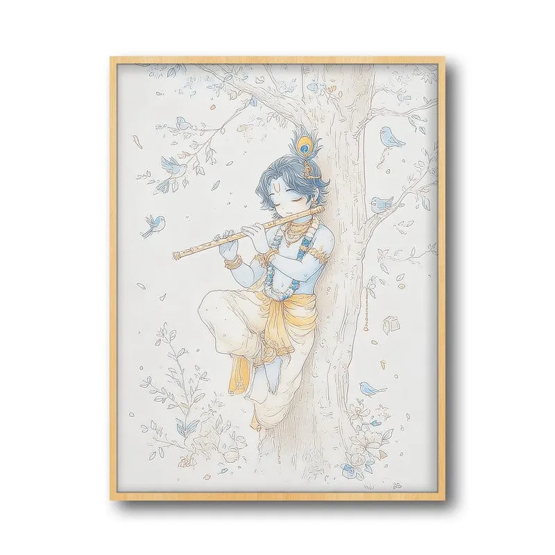 Baal Krishna Playing Fluit Archival Paper Wall Art - Natural Brown Frame media 5