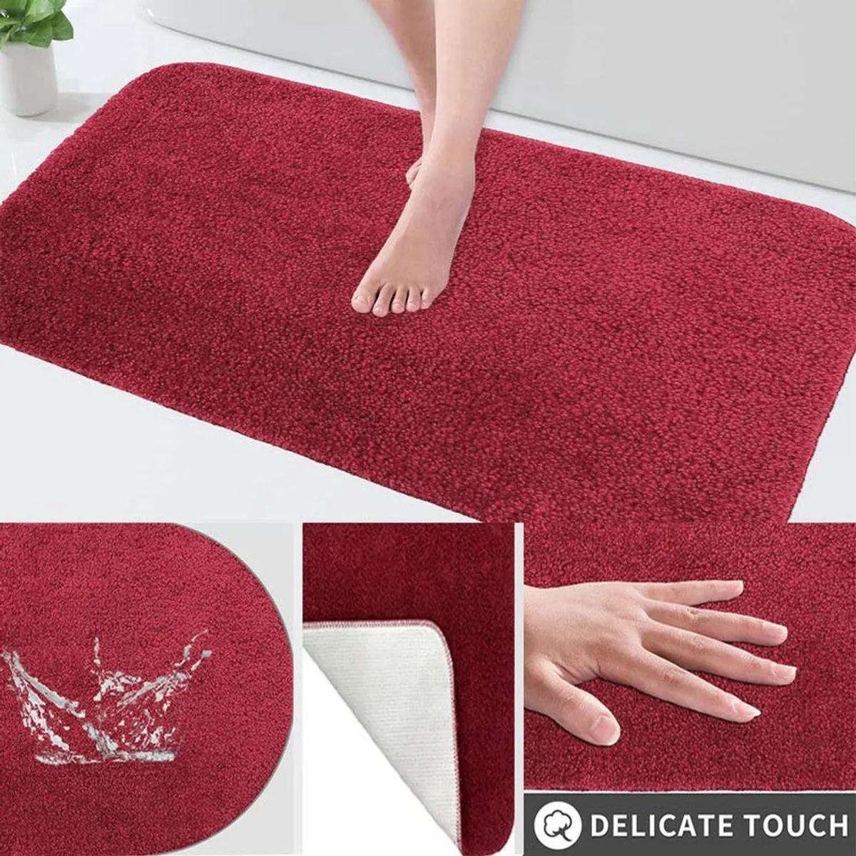 Person standing barefoot on a large maroon bath mat