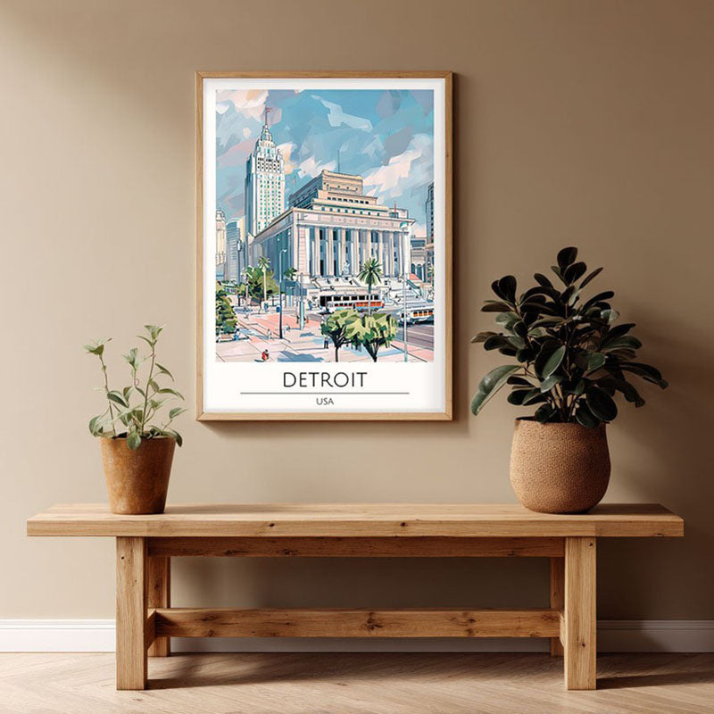 Vintage Detroit Framed Canvas Archival Canvas Wall Painting - Natural Brown Frame
