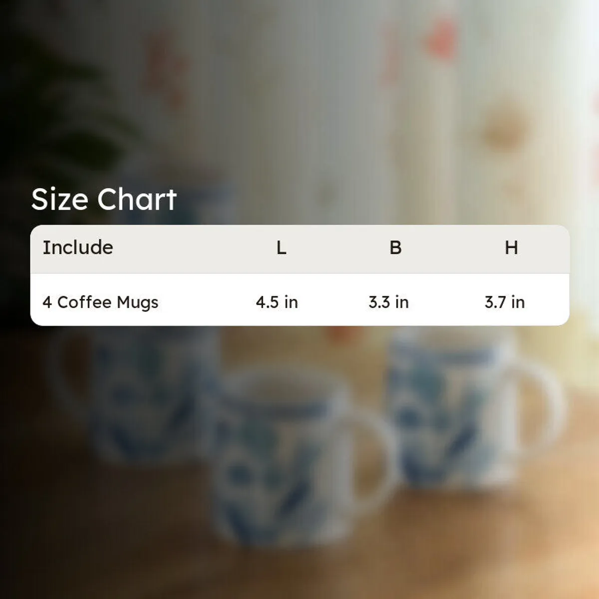White and blue floral mug shown with illustrated length, breadth and height guides