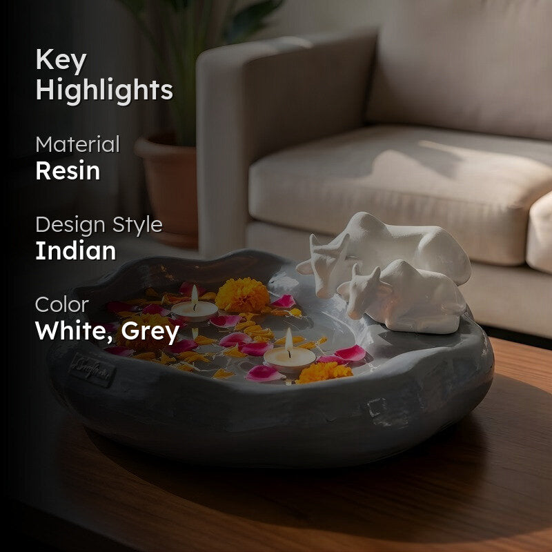 Sacred Cow and Calf Resin Urli - Grey & White media 2