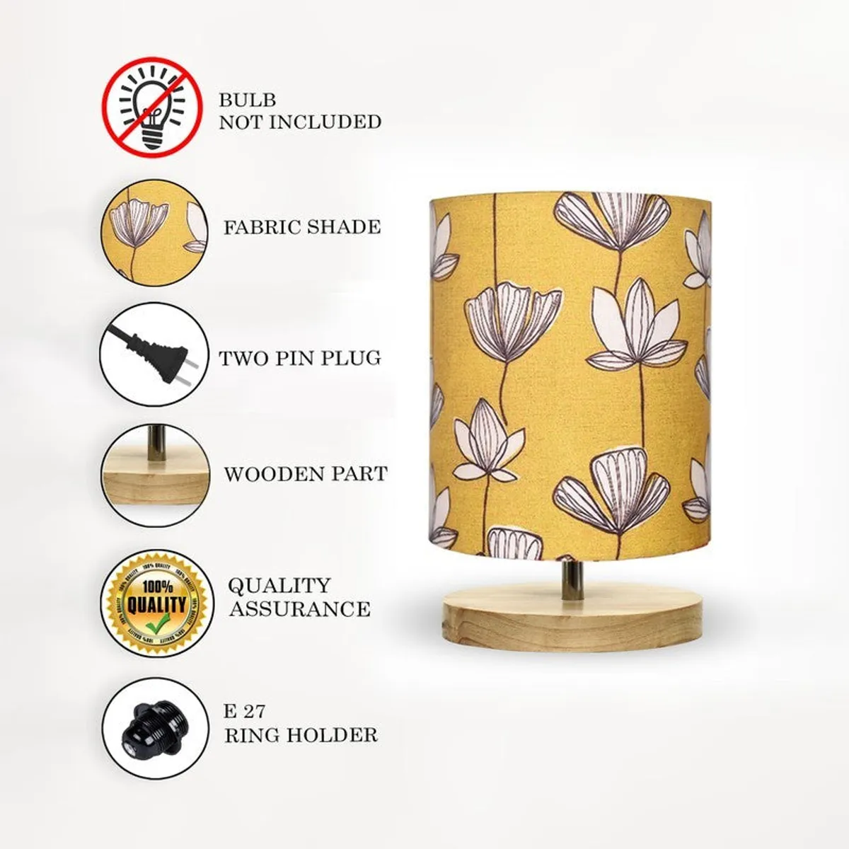 Yellow floral table lamp with feature icons on white background