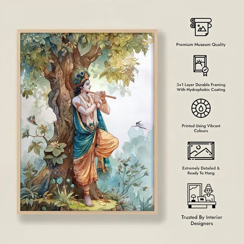 Sri Krishna Charming Fluit Playing Archival Paper Wall Art - Natural Brown Frame media 8