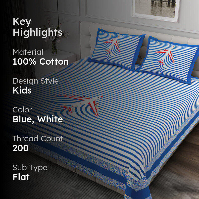 Illusion Stripey Flight Cotton Bedsheet (Blue) - 200 TC media 2