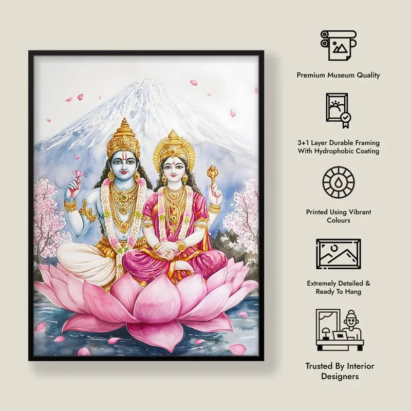 Lakshminarayana Spiritual Archival Paper Wall Painting With Frame - Black media 8