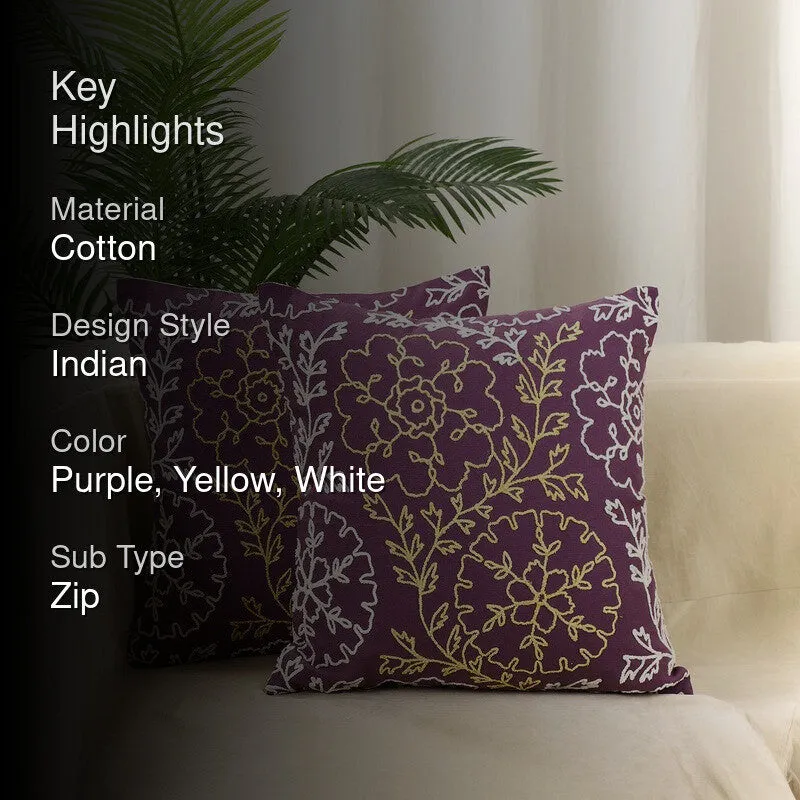 Blossom Charm Cotton Cushion Cover (Purple) - Set of Two media 2