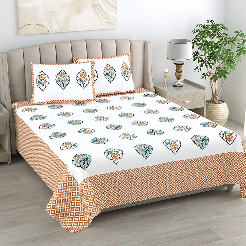Anila Cotton Bedsheet (Peach, Green) - 180 TC media 1