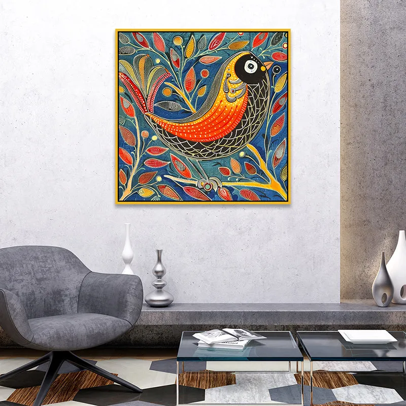 Colourful Avian Canvas Wall Painting With Frame - Gold media 4