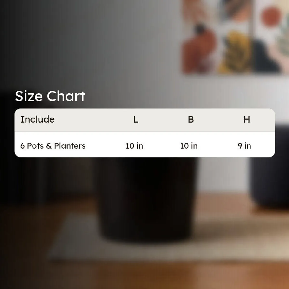 Size chart image for the black plastic pot set