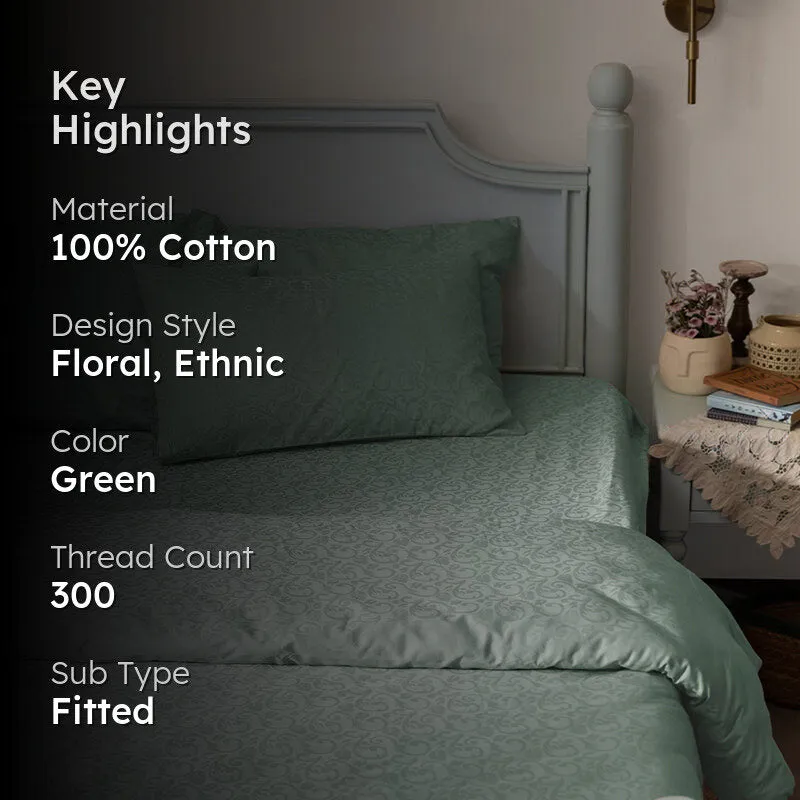 Coral Bloom Fitted Jacquard Cotton Bedsheet (Sage Green) - 300 TC media 2