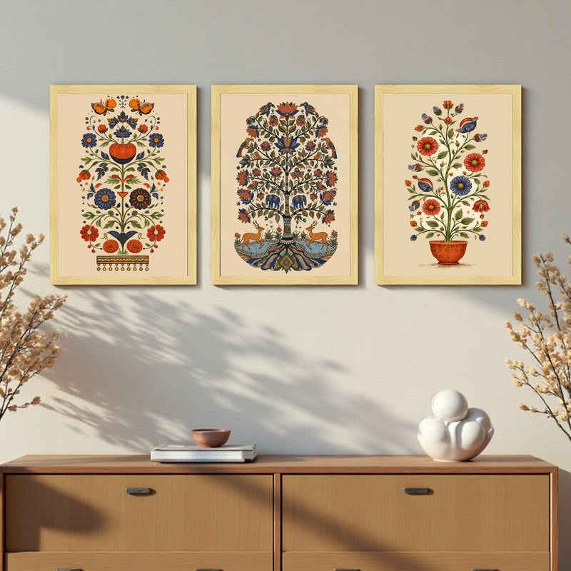 Indian Folk Floral Paper Wall Painting With Frame - Set Of Three