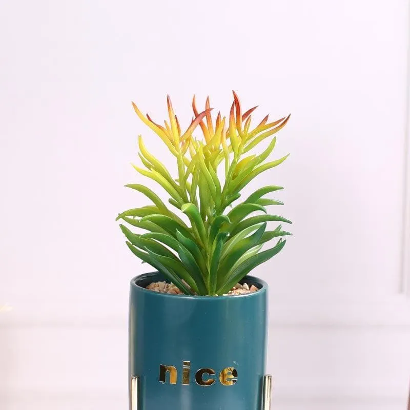 Faux Euphorbia In Blue Pot With Tripod - 28.5 cms media 4