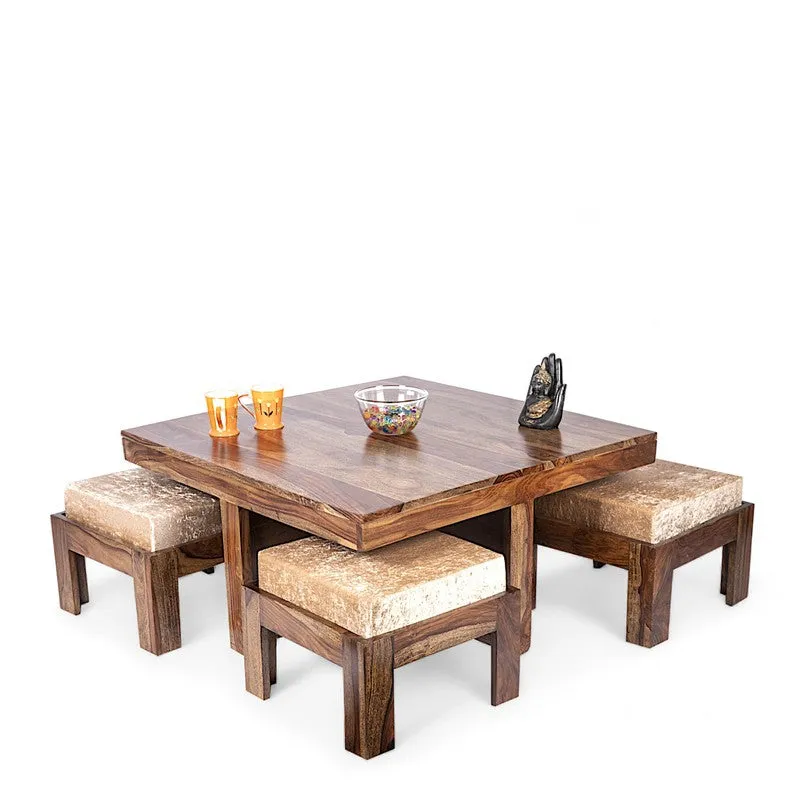 Evrino Sheesham Wooden Center Table with Stools and Cushions (Brown,Grey) - Nine Piece Set media 3