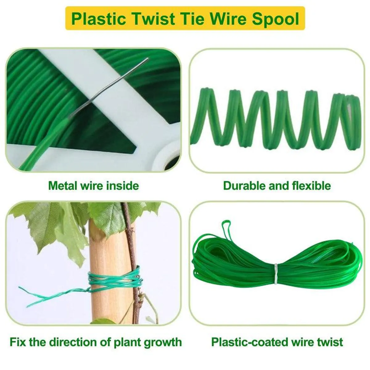 Green plastic-coated wire shown securing plants to supports