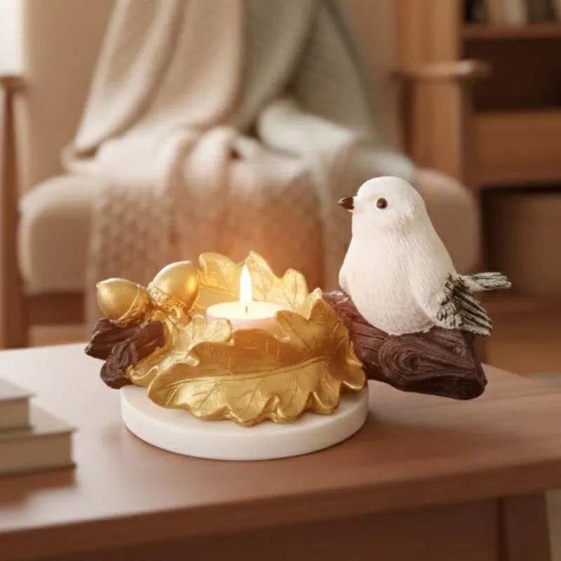 Leaf Bird Resin Tea Light Candle Holder - Gold media 3