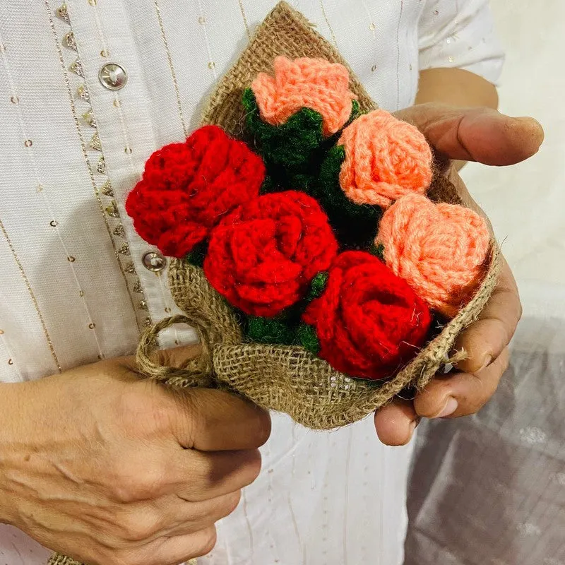 Crochet Handmade Rose Bouquet (Orange,Red) - Set Of Six media 4