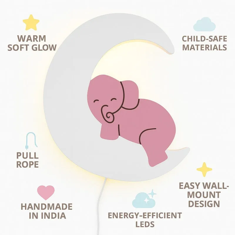 Moon Hug Elephant Battery Operated MDF Wall Lamp - Pink media 7