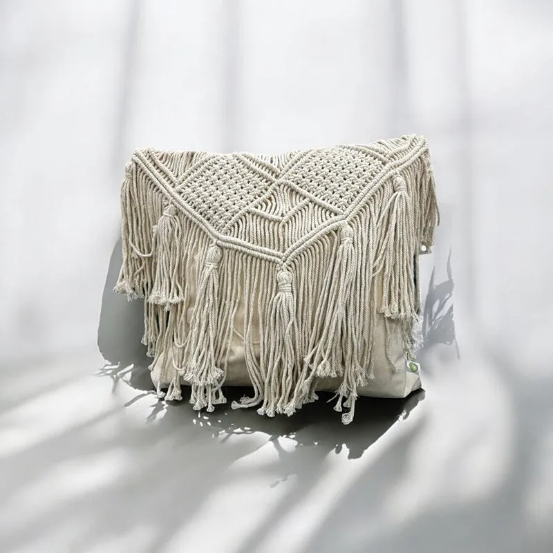 Earth & Twine Macrame Fringed Cotton Cushion Cover media 3