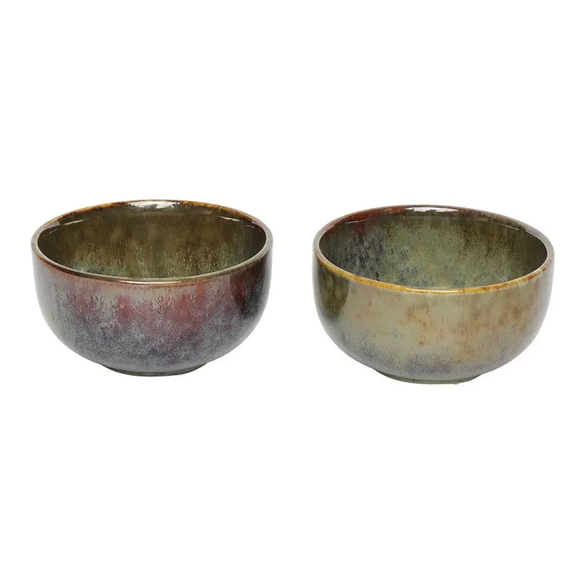 Two round ceramic serving bowls with contrasting earthy green and burgundy glaze tones