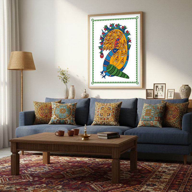 Royal Peacock Framed Madhubhani Canvas Archival Canvas Wall Painting - Natural Brown Frame media 5