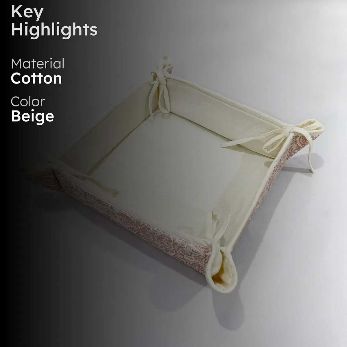 Open square bread basket with cream interior and beige printed sides