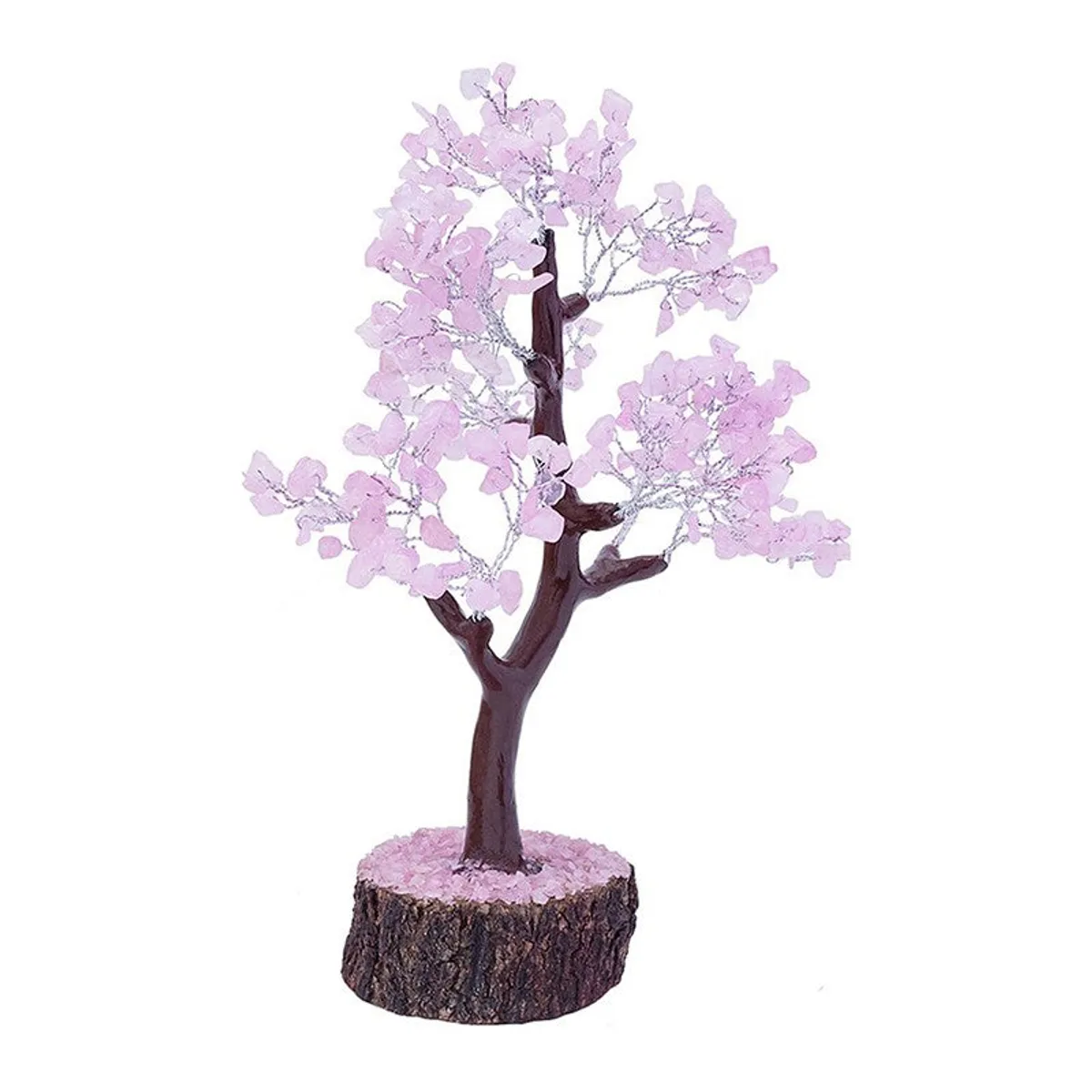 Angled view of a pink crystal wish tree showpiece on a white background