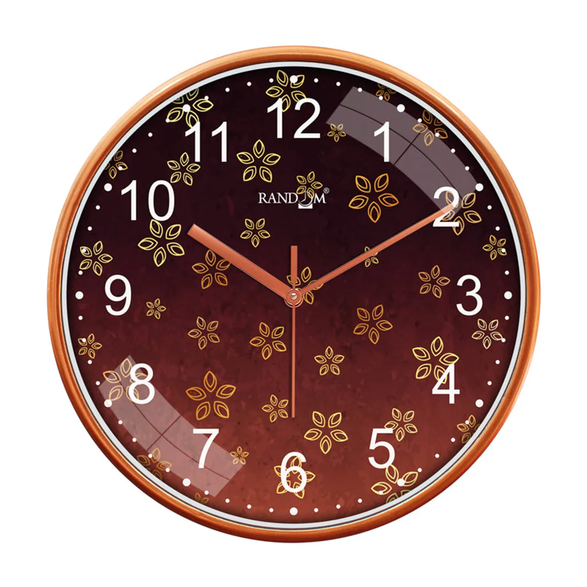 Front view of a round maroon wall clock with gold floral motifs and copper hands