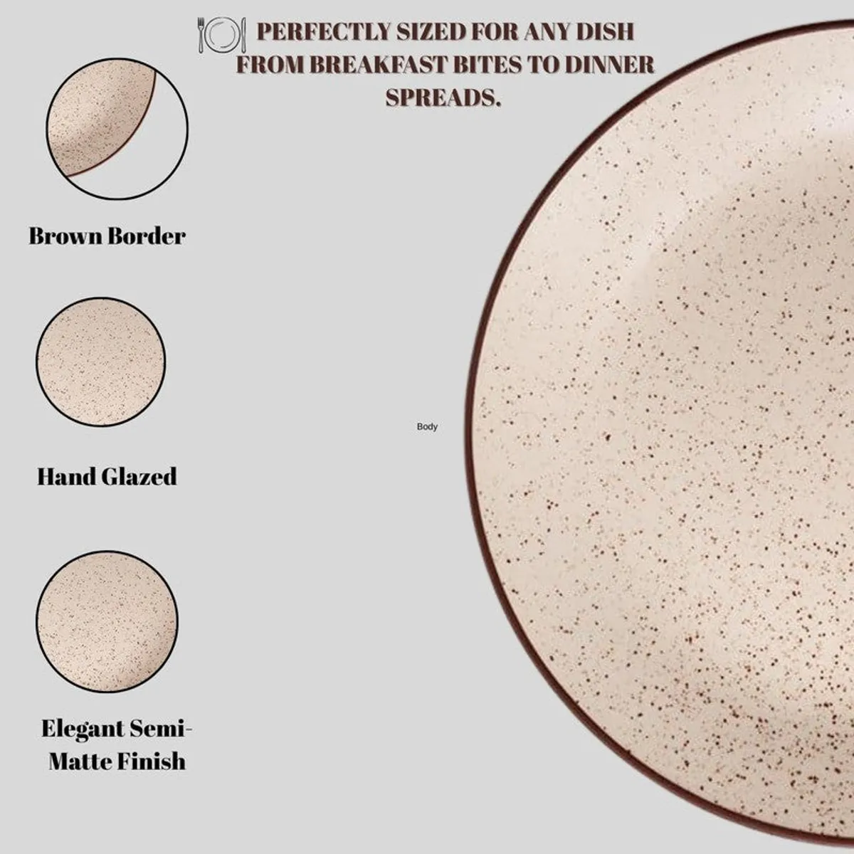 Close-up of beige speckled ceramic dinnerware showing its brown border and surface finish.