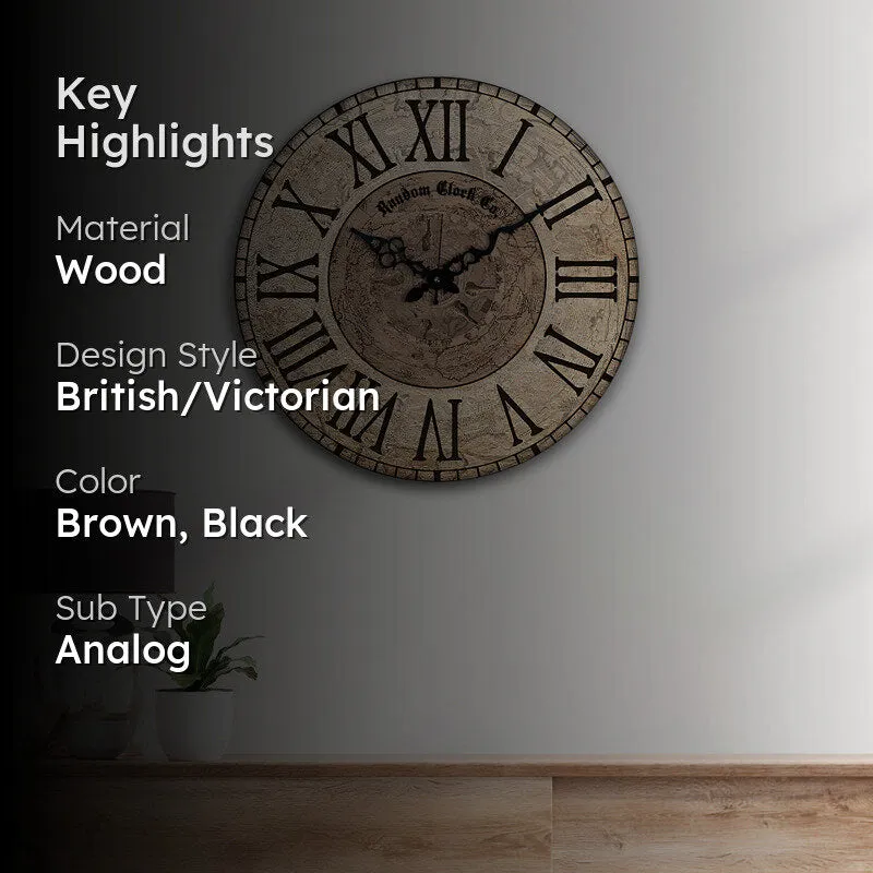 Round wooden analog wall clock shown with its rustic brown and black design