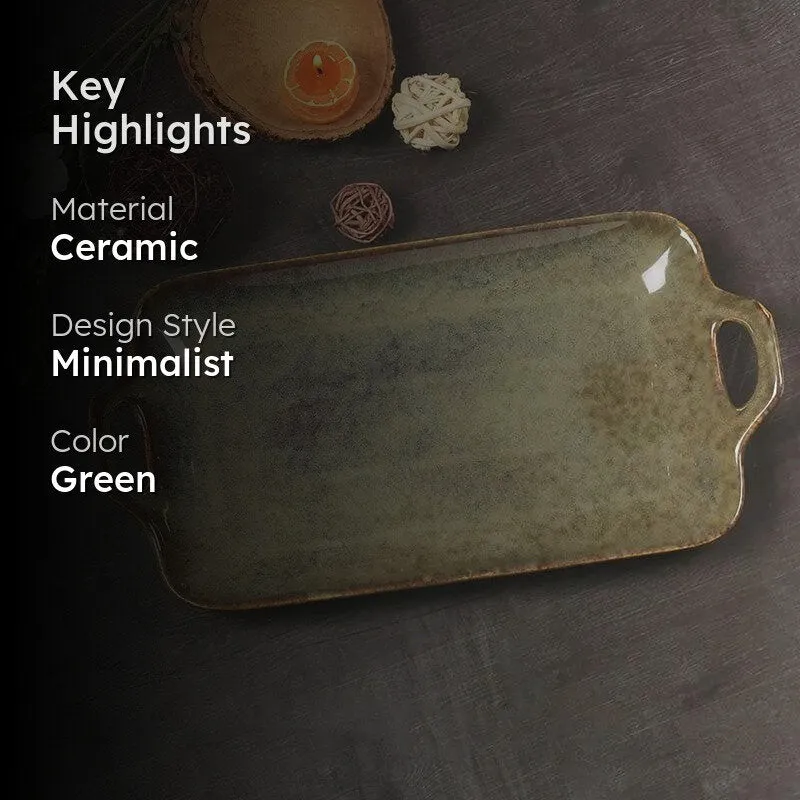 Green platter with handles shown beside key product highlights