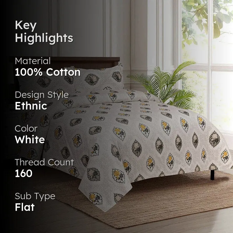 Malikeya Printed Cotton Bedsheet (Yellow) - 160 TC media 2