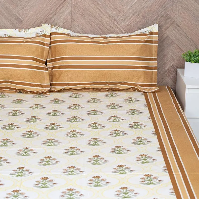 Imara Flora Cotton Bedsheet (Brown) - 144 TC media 1