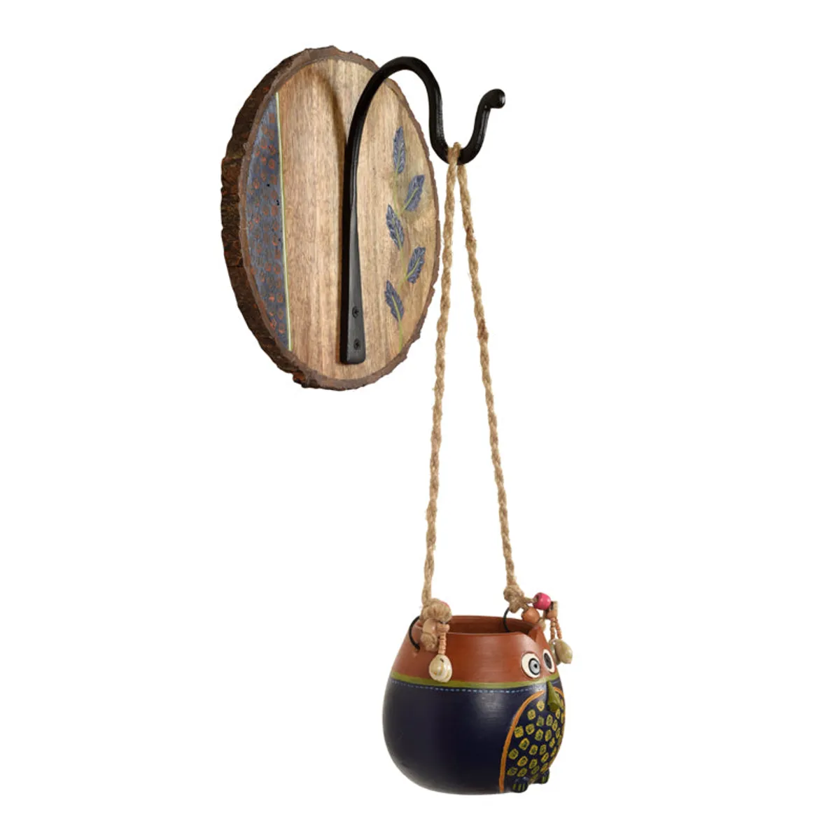 Side view of the owl planter, hanging cords and curved metal wall hook.